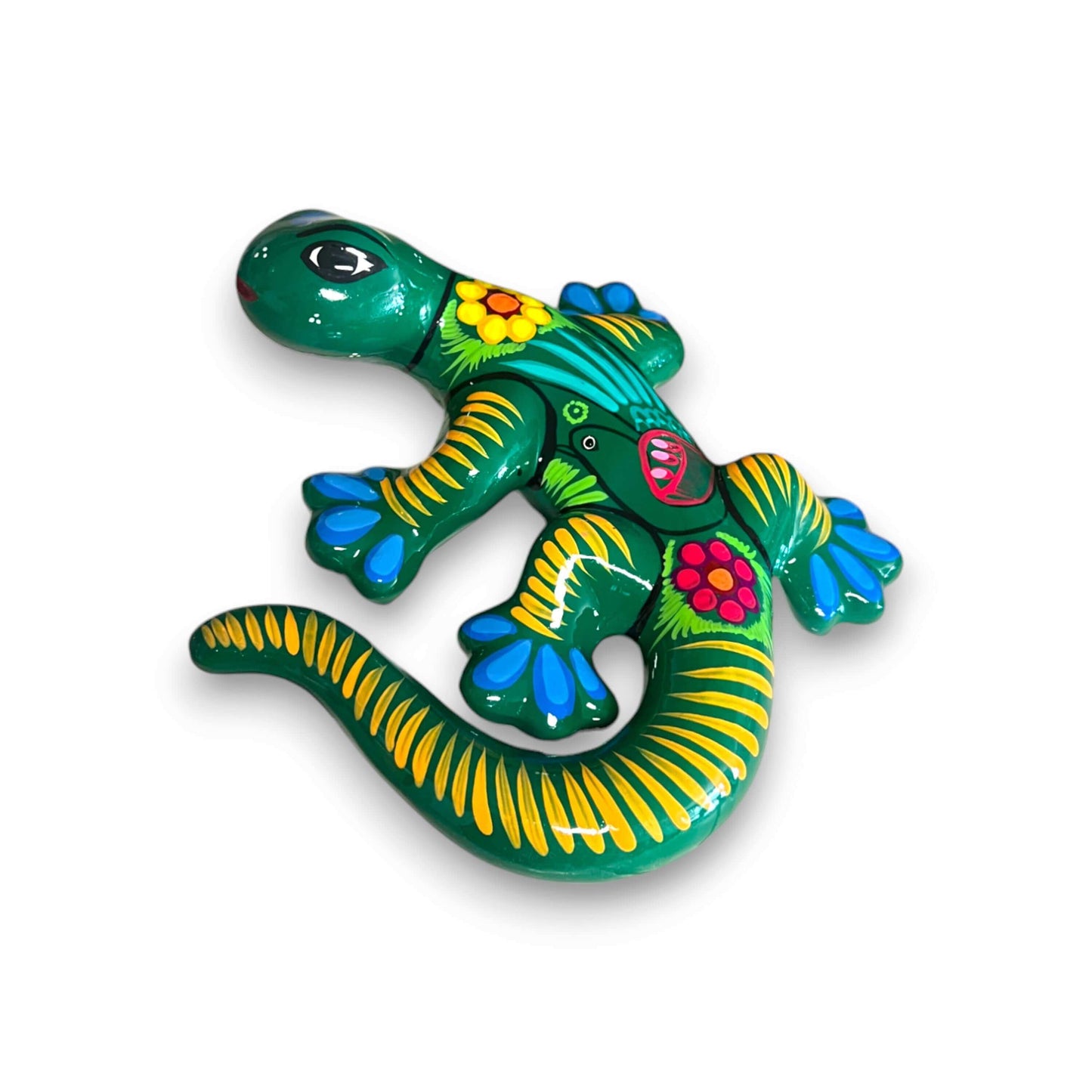 Hand-Painted Talavera Lizard Figurine | Colorful Mexican Wall Decor - green Guerrero-style hand-painted ceramic lizard with floral accents