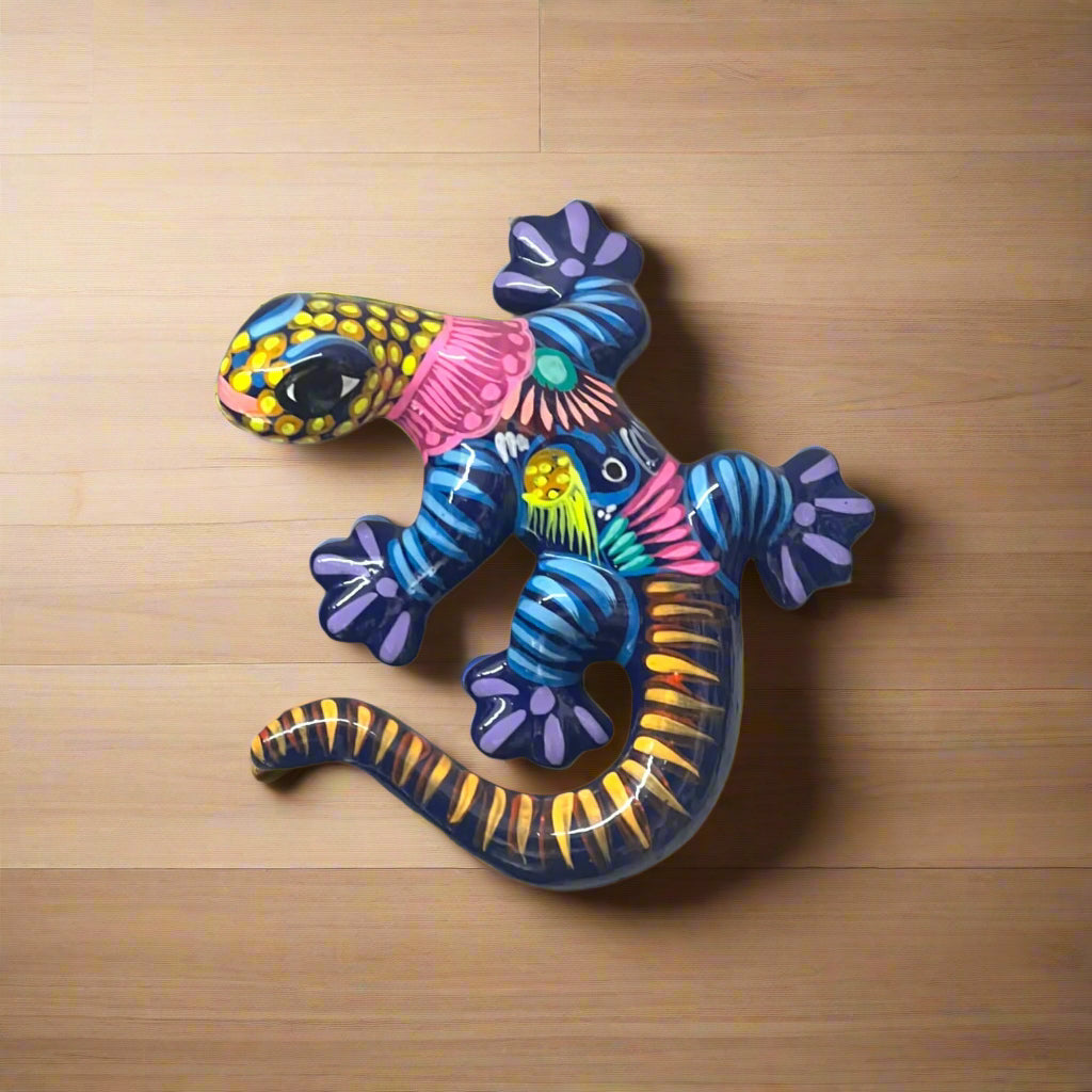 Hand-Painted Talavera Lizard Figurine | Colorful Mexican Wall Decor - hand-painted Guerrero style ceramic lizard with vibrant floral motifs
