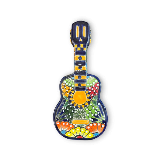 Talavera Guitar Statue | Hand-Painted Mexican Folk Art Decor - vibrant hand-painted Talavera ceramic guitar with floral geometric patterns