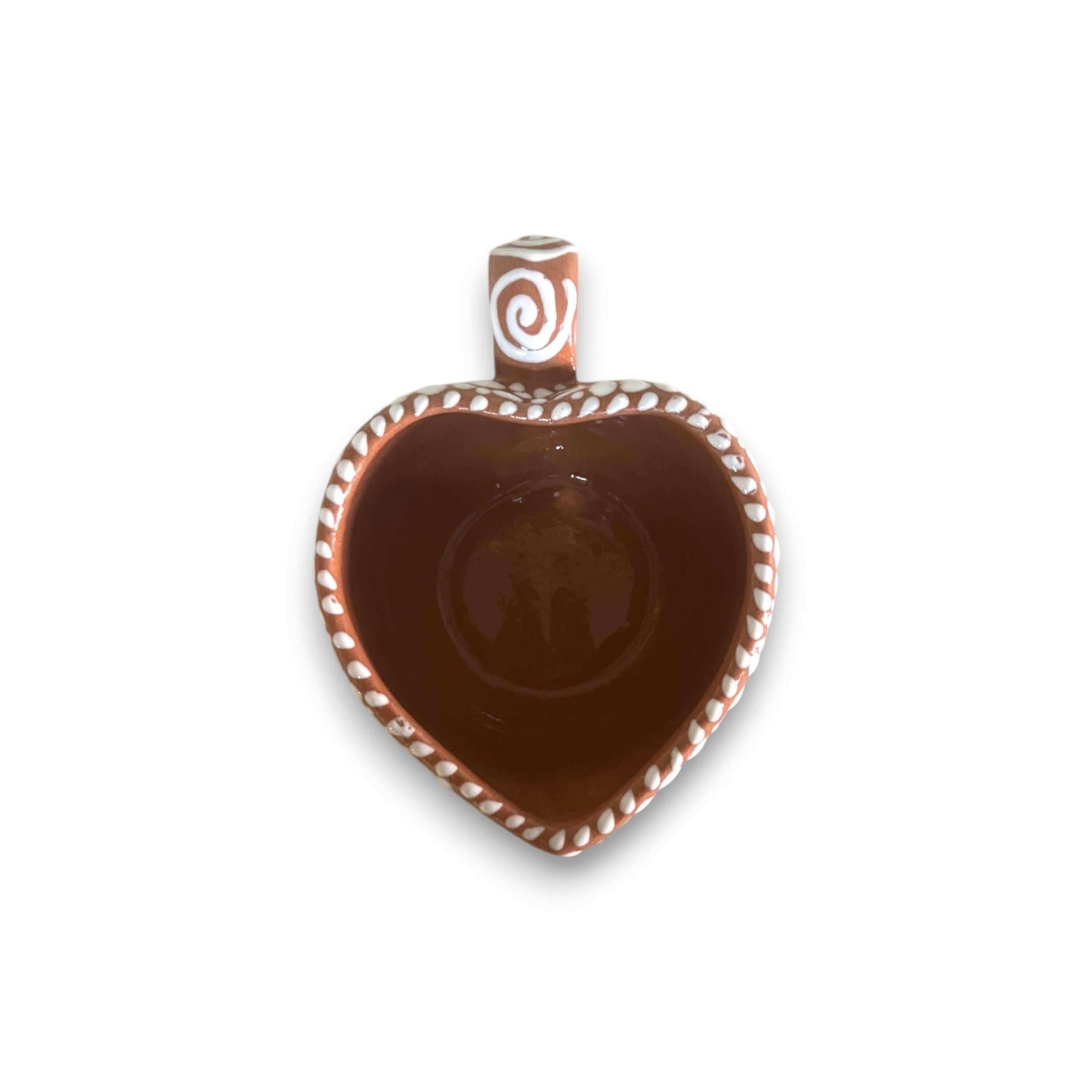 Talavera Heart Mug | Hand-Painted Mexican Coffee Cup — top-down view of heart-shaped hand-painted brown Talavera coffee cup with white decorative border