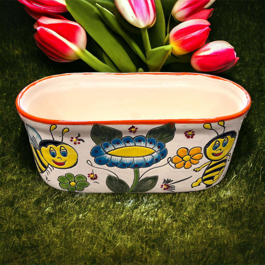 Talavera Honey Bee Pot | Hand-Painted Flower Planter – hand-painted oval Mexican planter with cheerful honey bee and floral motifs