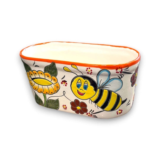 Talavera Honey Bee Pot | Hand-Painted Flower Planter - hand-painted Talavera ceramic bee planter, medium flower pot from Guanajuato, lead-free glaze