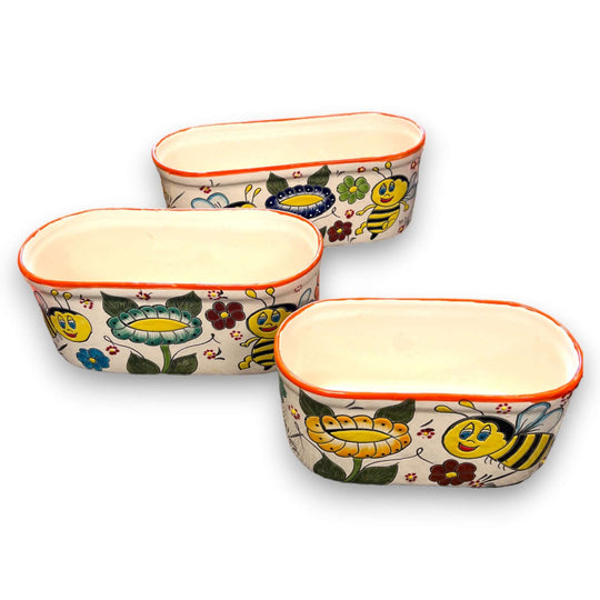Talavera Honey Bee Pot | Hand-Painted Flower Planter - trio of hand-painted Mexican Talavera bee flower pots, kiln-fired lead-free glaze, vibrant floral design