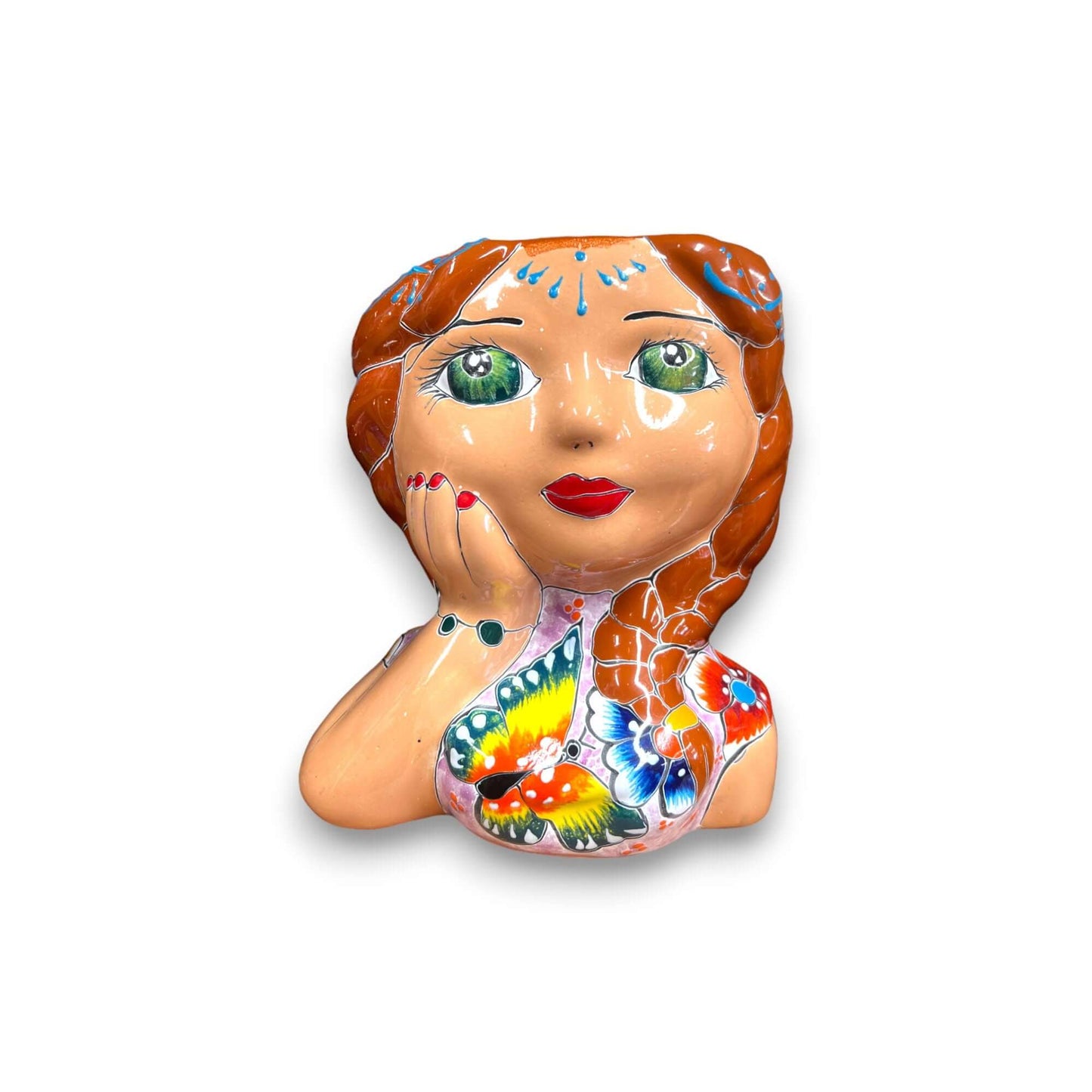 Hand-Painted Talavera Ceramic Lady Planter | Mexican Artwork Décor - hand-painted ceramic lady planter with braided hair, vibrant floral and butterfly Talavera design
