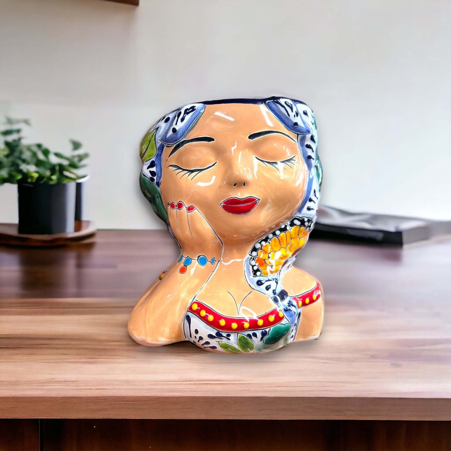 Hand-Painted Talavera Ceramic Lady Planter | Mexican Artwork Décor - hand-painted braided-hair lady planter with colorful floral patterns, lead-free glaze