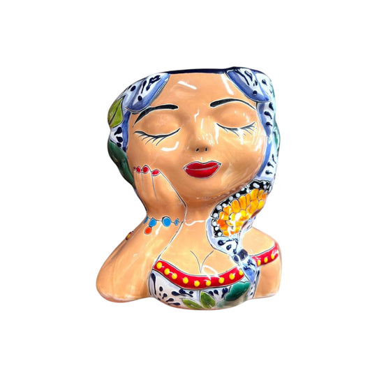 Hand-Painted Talavera Ceramic Lady Planter | Mexican Artwork Décor - hand-painted braided-hair lady planter with colorful floral patterns, lead-free glaze