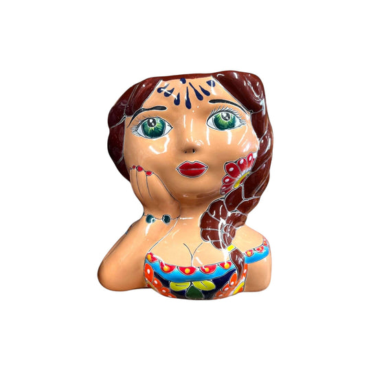 Hand-Painted Talavera Ceramic Lady Planter | Mexican Artwork Décor - hand-painted braided-hair lady planter with green eyes and colorful floral glaze