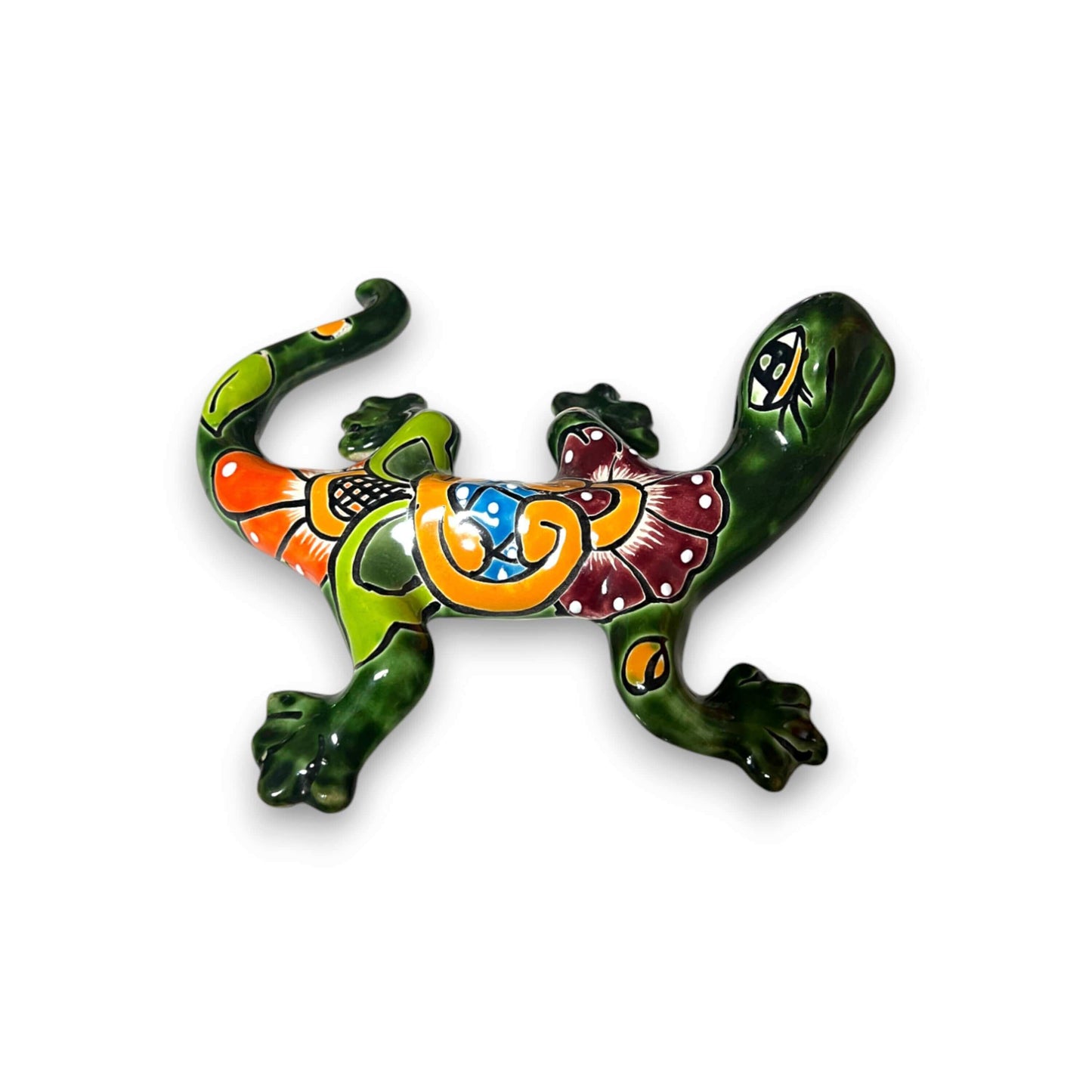 Talavera Lizard Figurine | Hand-Painted Mexican Ceramic Sculpture - vibrant green floral hand-painted Talavera lizard, kiln-fired lead-free glaze