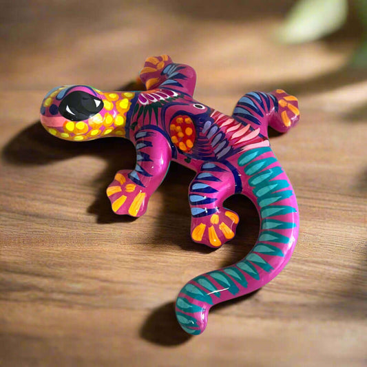 Hand-Painted Talavera Lizard Figurine | Colorful Mexican Wall Decor — vibrant hand-painted Talavera lizard in pink, turquoise, yellow, purple, orange