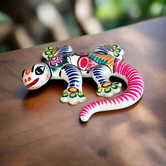 Hand-Painted Talavera Lizard Figurine | Colorful Mexican Wall Decor - hand-painted Guerrero-style ceramic lizard with vibrant floral patterns