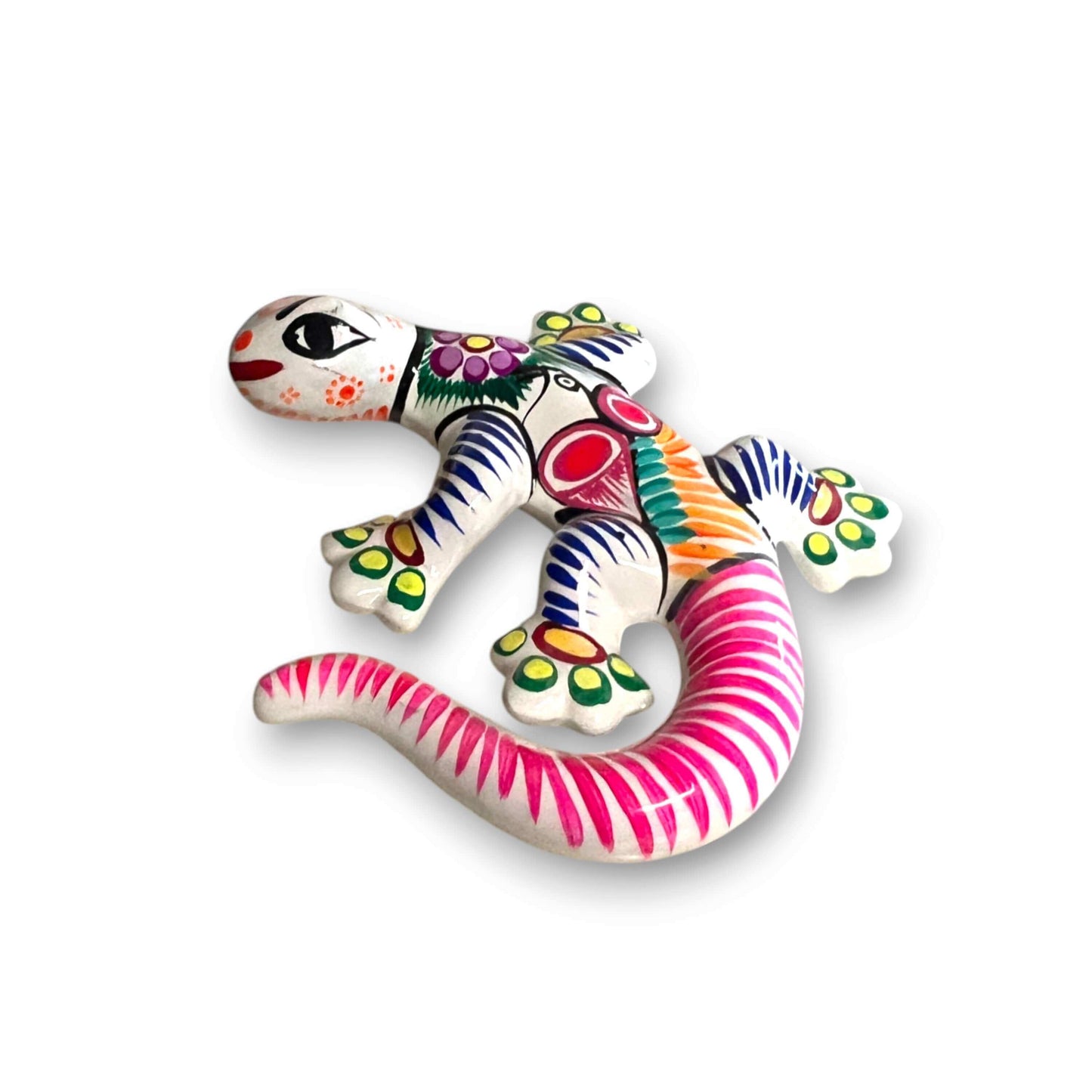 Hand-Painted Talavera Lizard Figurine | Colorful Mexican Wall Decor — vibrant hand-painted Talavera lizard with floral accents, Guerrero style, kiln-fired lead-free glaze