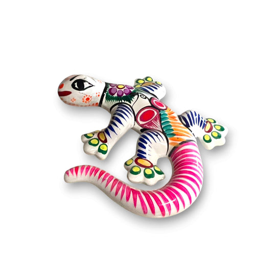Hand-Painted Talavera Lizard Figurine | Colorful Mexican Wall Decor — vibrant hand-painted Talavera lizard with floral accents, Guerrero style, kiln-fired lead-free glaze