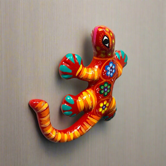 Hand-Painted Talavera Lizard Figurine | Colorful Mexican Wall Decor - vibrant hand-painted Talavera lizard in pink yellow turquoise purple orange