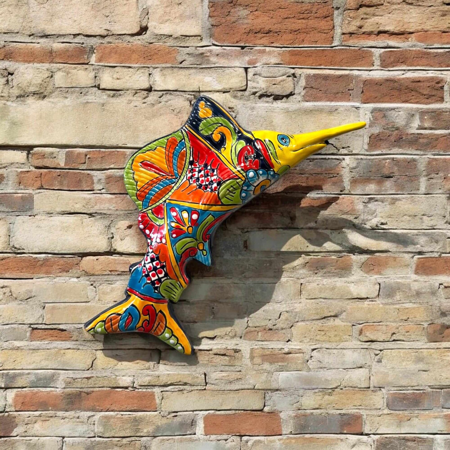 Hand-Painted Talavera Marlin Wall Art | Colorful Sailfish Mexican Decor (Large) - vibrant hand-painted Talavera sailfish mounted on brick wall