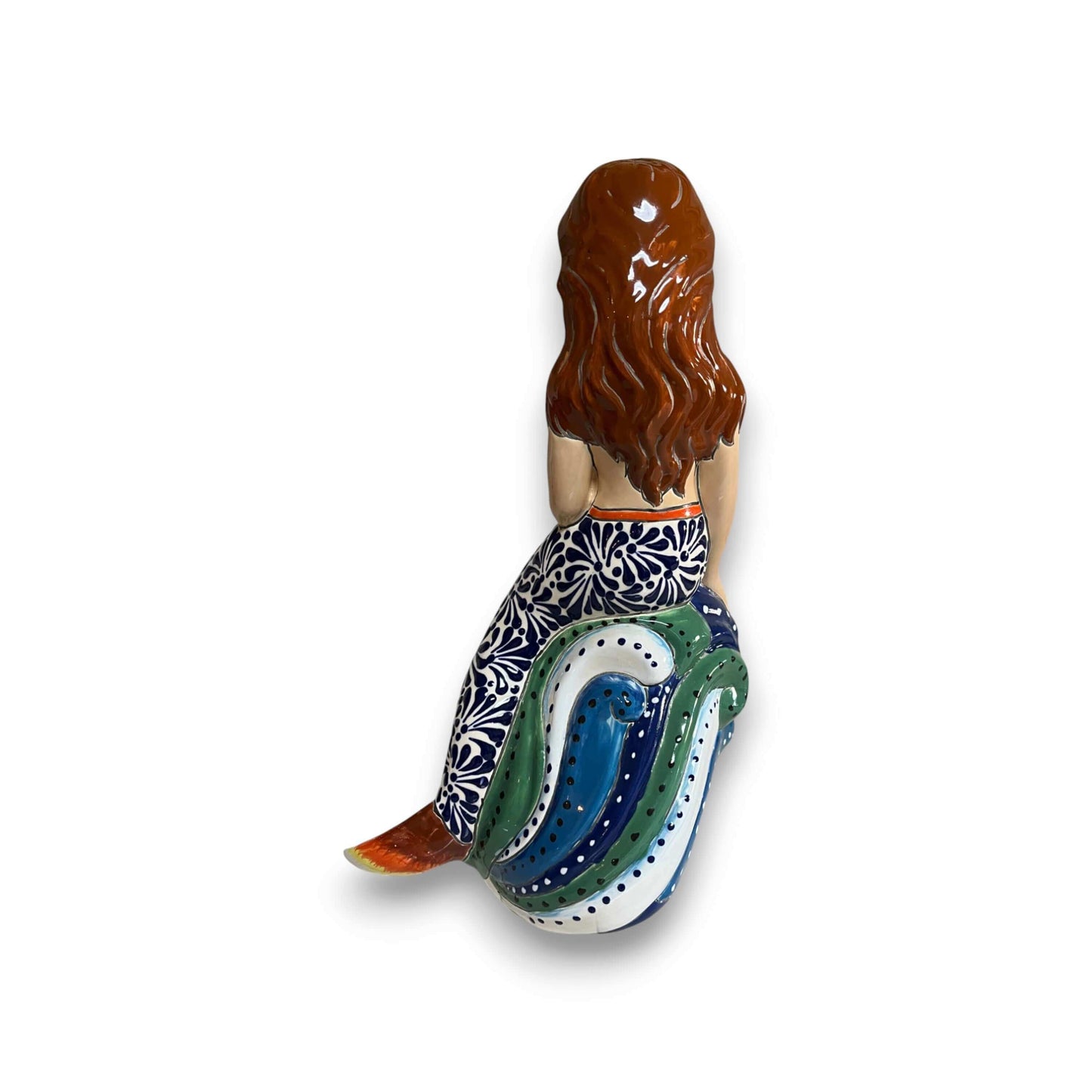 Talavera Mermaid Figurine | Hand-Painted Mexican Pottery — hand-painted mermaid with floral red-green tail, coral top, flowing black hair, kiln-fired lead-free glaze