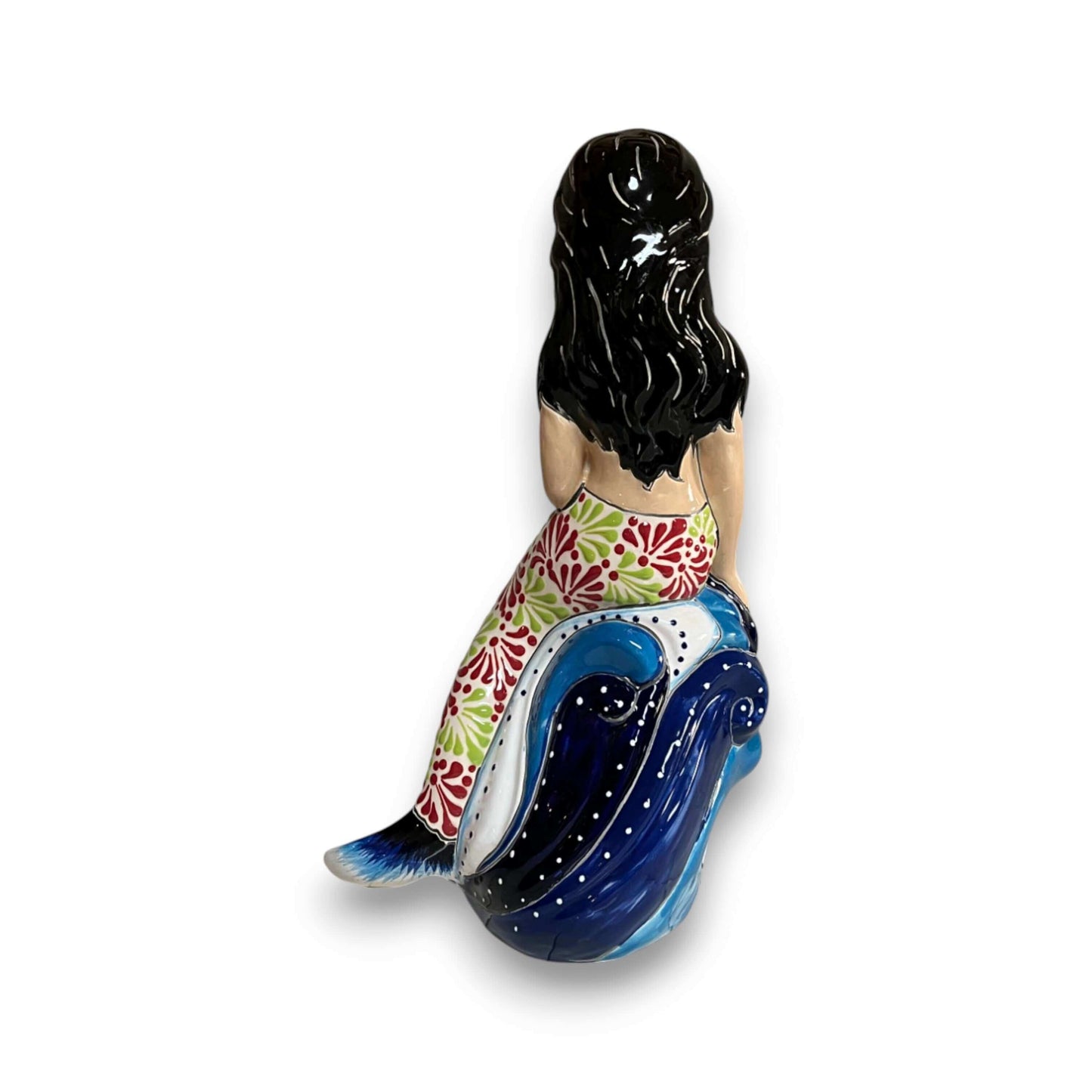Talavera Mermaid Figurine | Hand-Painted Mexican Pottery - back view of hand-painted mermaid with red-green floral tail, coral top and flowing black hair