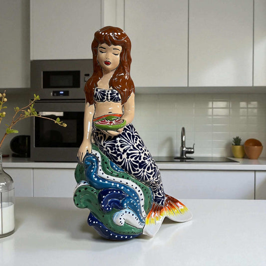 Talavera Mermaid Figurine | Hand-Painted Mexican Pottery - hand-painted mermaid with floral red-green tail, coral top, flowing black hair, lead-free glaze