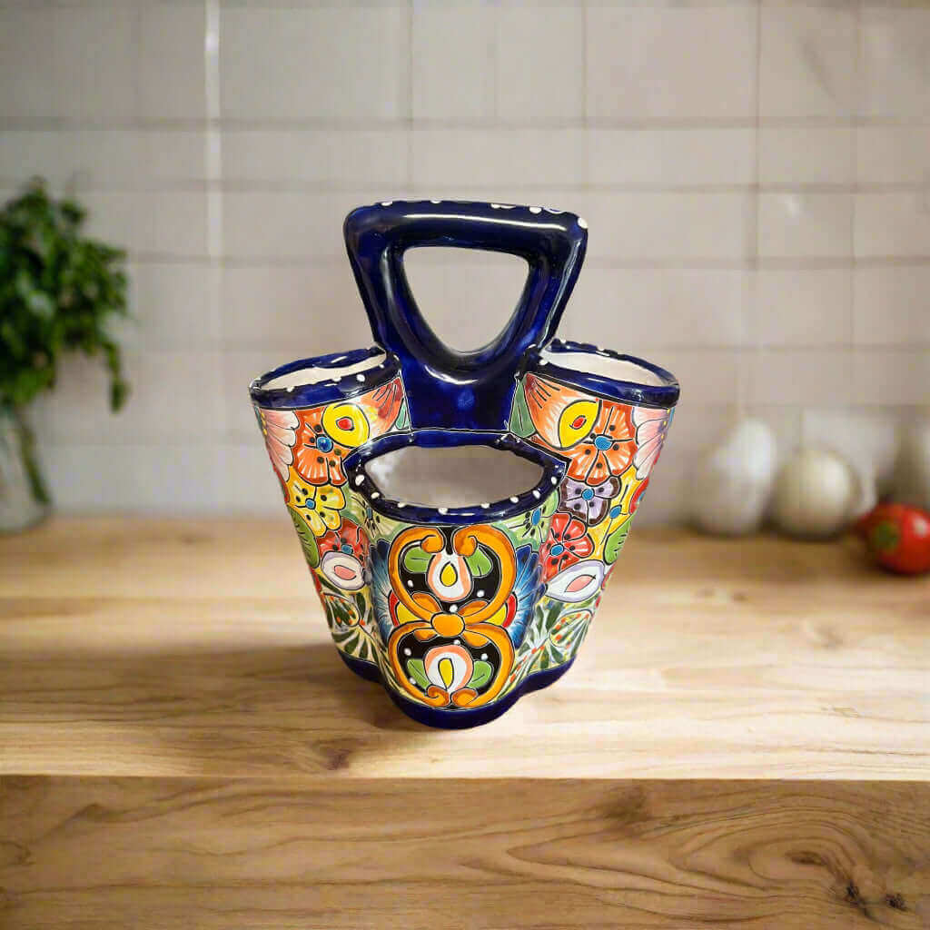 Custom Talavera Dinnerware Set | Hand-Painted Mexican Ceramic - hand-painted Talavera triple utensil holder with vibrant floral pattern
