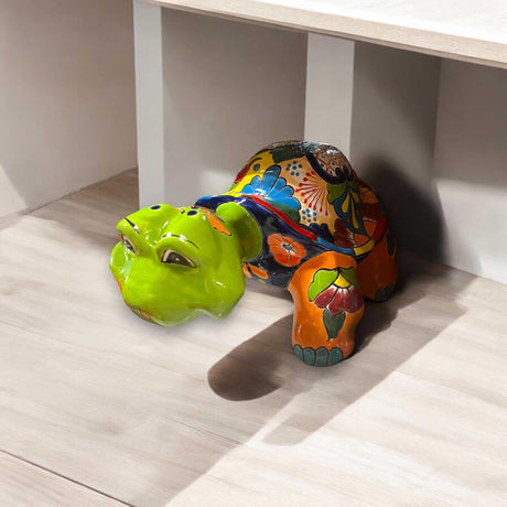 Talavera Tortoise Sculpture | Hand-Painted Mexican Ceramic Art — colorful hand-painted Talavera turtle statue from Guanajuato, Mexico