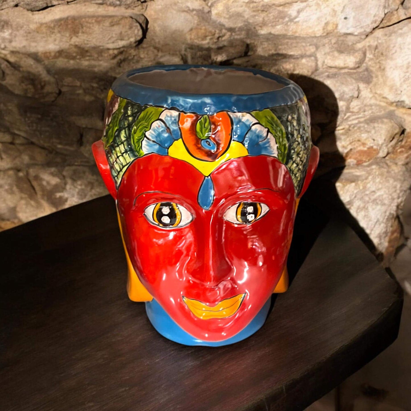 Talavera Face Planter | Hand-Painted Mexican Lady Pot Folk Art vivid orange painted female face planter with intricate headdress