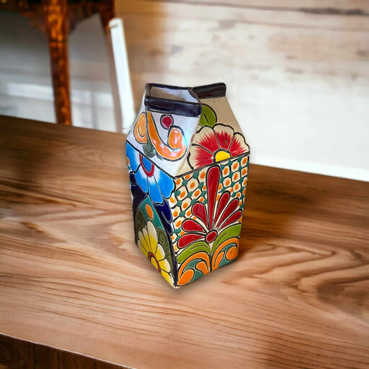 Talavera Hand-Painted Milk Carton | Colorful Mexican Container - hand-painted Talavera ceramic milk carton with vibrant floral patterns