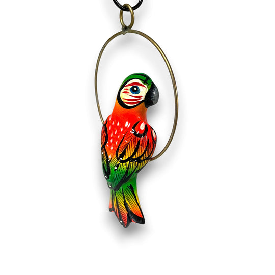 Vibrant Mini Talavera Parrot | Hand-Painted Hanging Accent — hand-painted colorful parrot on brass-toned ring, Talavera folk art from Guanajuato, Mexico