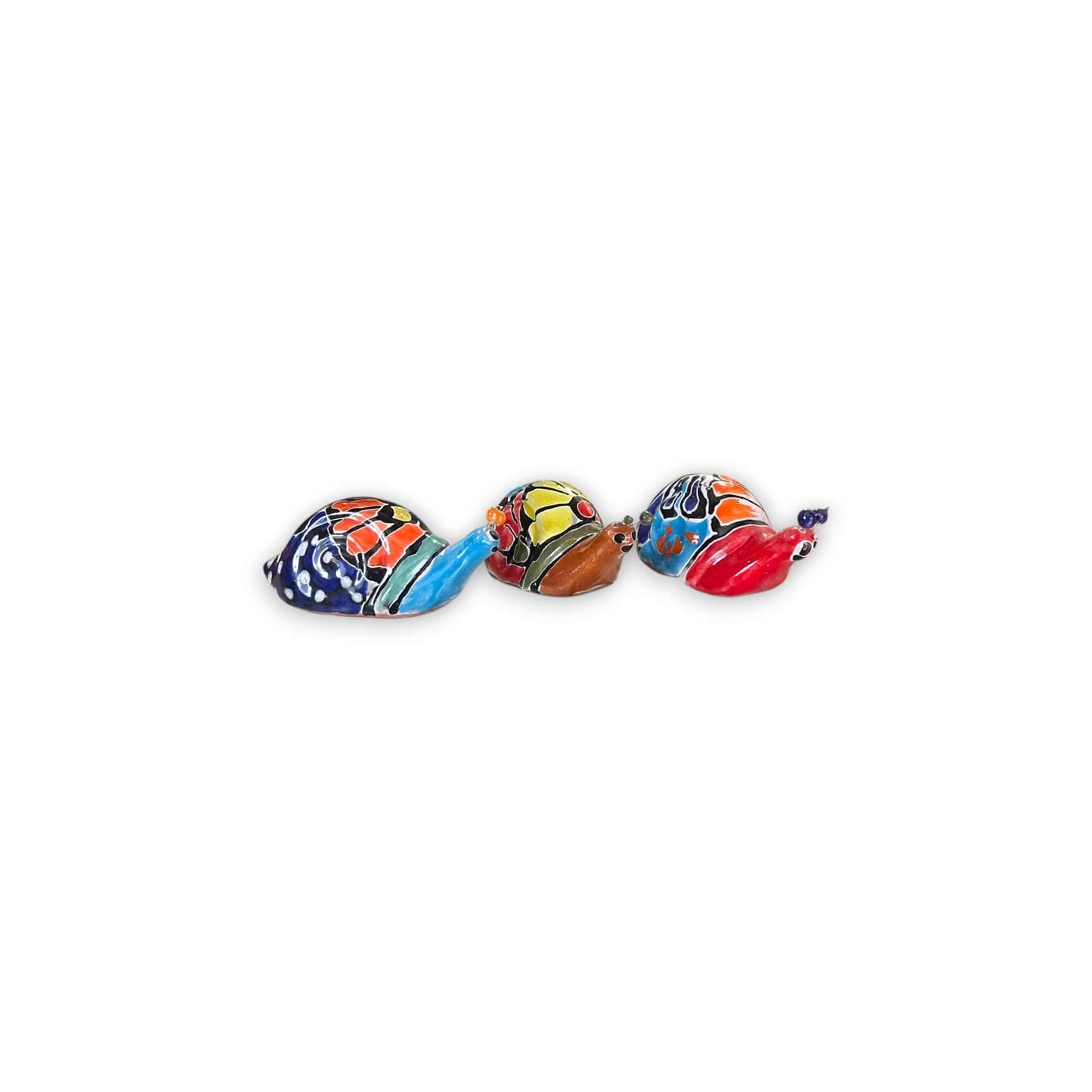 Mini Talavera Snail Figurine | Hand-Painted Mexican Ceramic, trio of colorful hand-painted ceramic snails with floral motifs