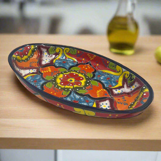 Custom Talavera Dinnerware Set | Hand-Painted Mexican Ceramic - oval hand-painted Talavera serving platter with colorful floral pattern