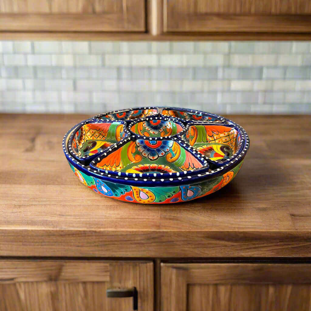 Custom Talavera Dinnerware Set | Hand-Painted Mexican Ceramic multisection serving bowl with bright floral Talavera patterns on wooden countertop