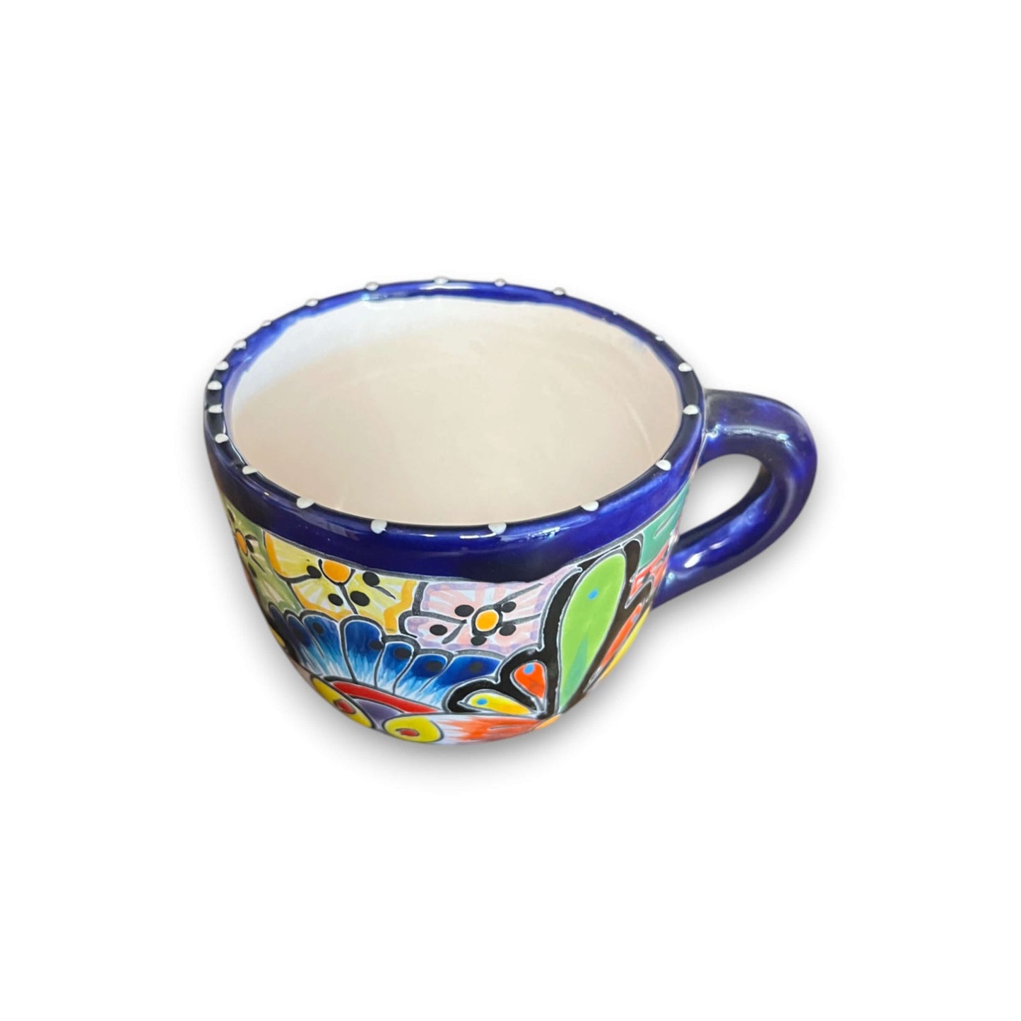 Talavera Coffee Mug | Hand-Painted Mexican Ceramic Cup showcasing bright hand-painted floral Talavera patterns and cobalt blue rim