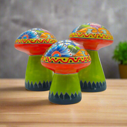 Talavera Mushroom Set | Vibrant Hand-Painted Mexican Decor - trio of brightly painted hand-painted Talavera ceramic mushrooms from Guanajuato