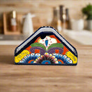 Talavera Napkin Holder | Hand-Painted Mexican Ceramic Decor with triangular shape, vivid floral Talavera design and cobalt blue rim