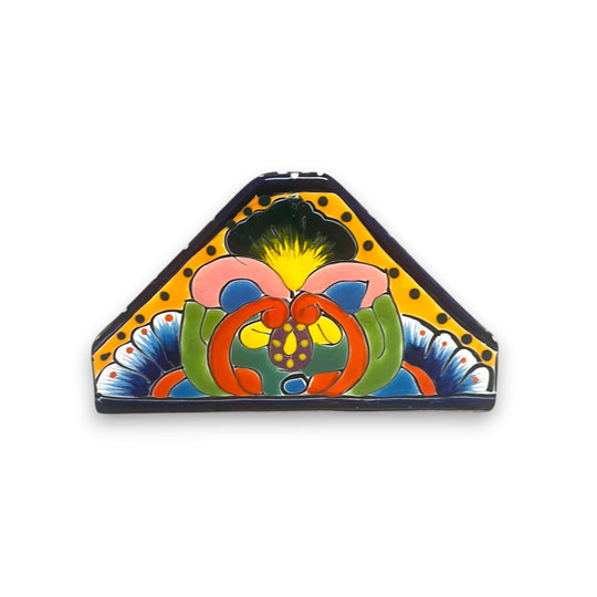 Talavera Napkin Holder | Hand-Painted Mexican Ceramic Decor - triangular hand-painted Talavera with vivid floral motifs and cobalt blue rim