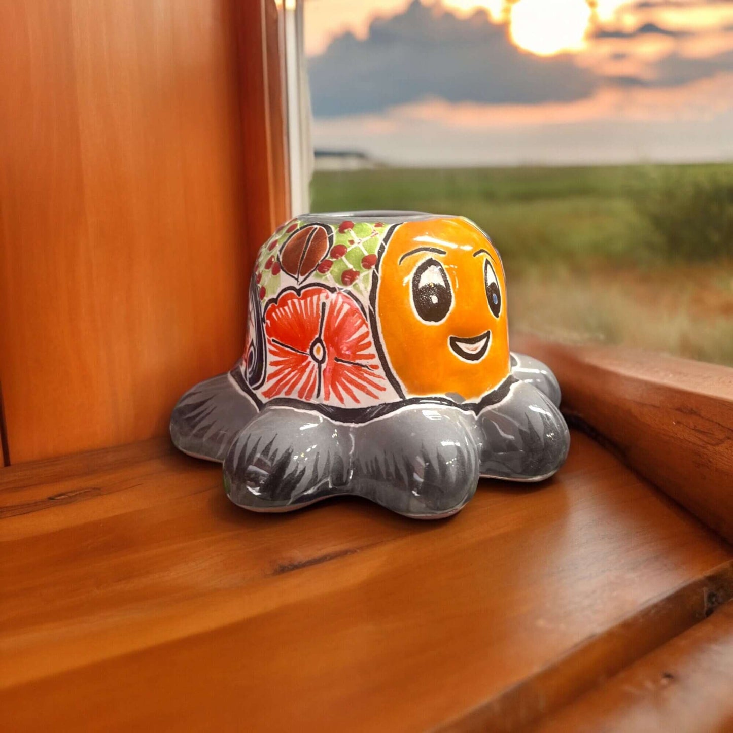 Talavera Octopus Succulent Planter | Hand-Painted Ceramic Pot - cheerful hand-painted octopus planter with bright orange tones and floral Talavera details