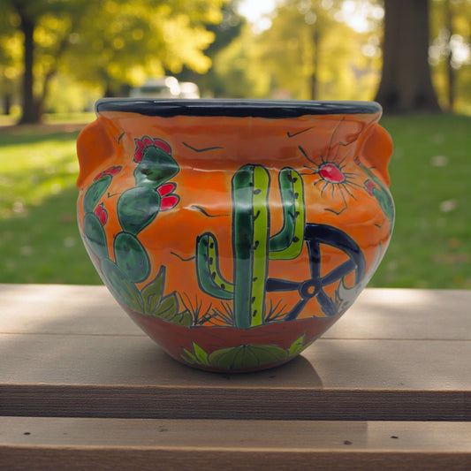 Hand-Painted Talavera Cactus Flower Pot | Desert Michoacana Planter - orange hand-painted cactus and sun motifs on a kiln-fired Mexican Talavera planter