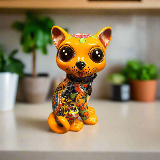 Talavera Cat Statue | Hand-Painted Mexican Folk Art Figurine — bright orange hand-painted ceramic cat with oversized eyes and floral patterns