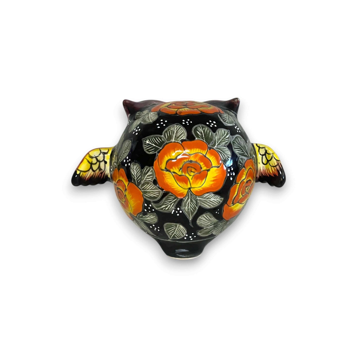 Talavera Owl Statue | Hand-Painted Mexican Ceramic Bird Figurine - small black owl with bright yellow wings and orange floral Talavera design