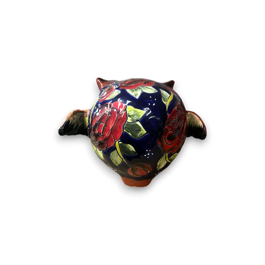 Talavera Owl Statue | Hand-Painted Mexican Ceramic Bird Figurine - small hand-painted navy owl with red floral pattern and yellow wing accents
