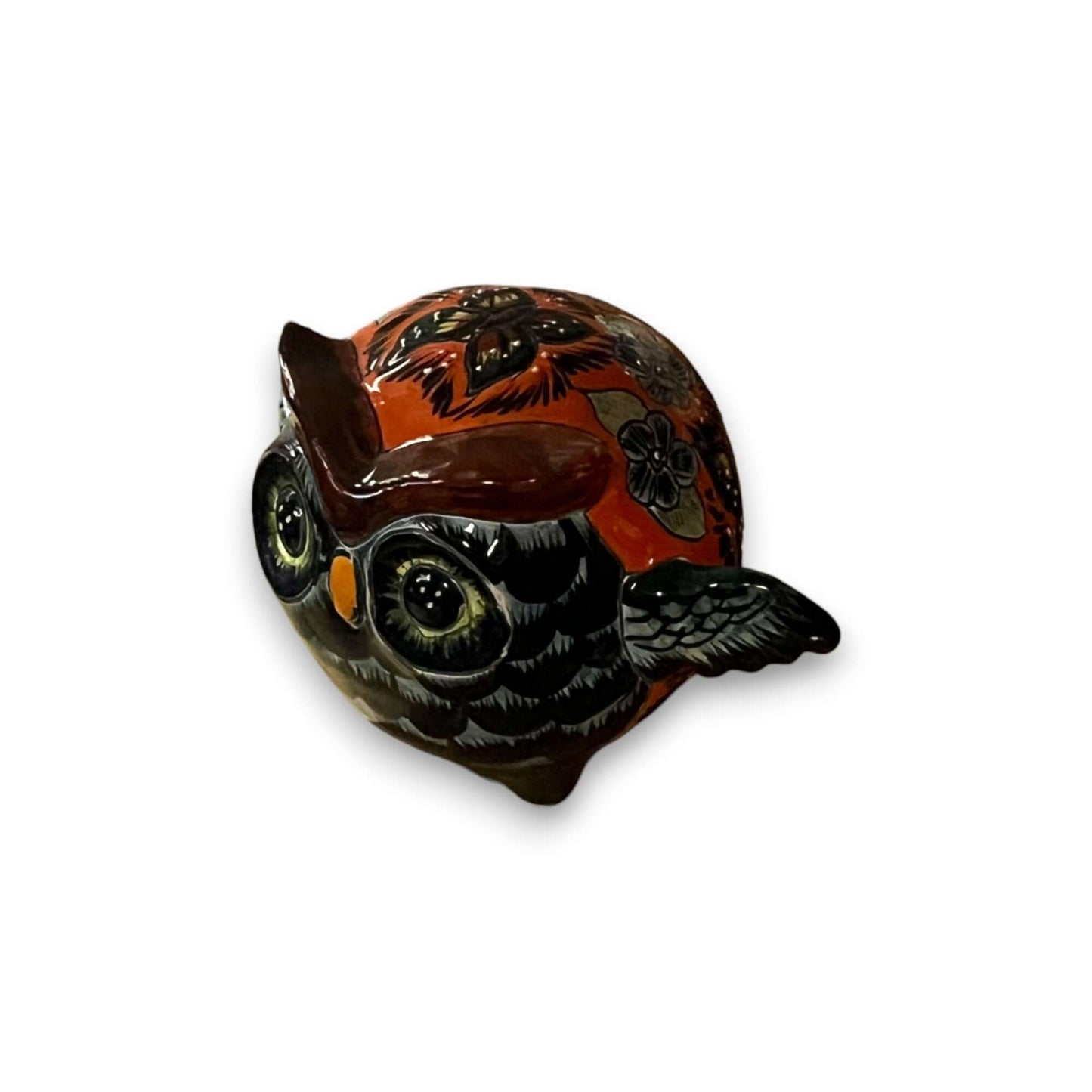 Talavera Owl Statue | Hand-Painted Mexican Ceramic Bird Figurine - small hand-painted Talavera owl with black feathers, yellow wings and floral pattern