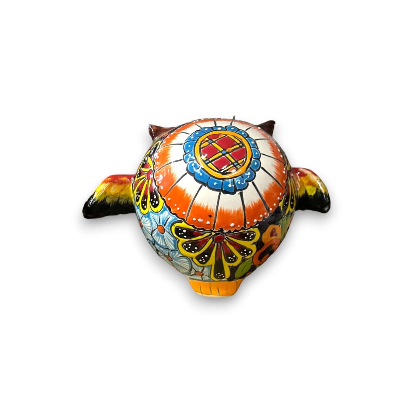 Talavera Owl Statue | Hand-Painted Mexican Ceramic Bird Figurine showing colorful hand-painted floral patterns, yellow wings, kiln-fired gloss