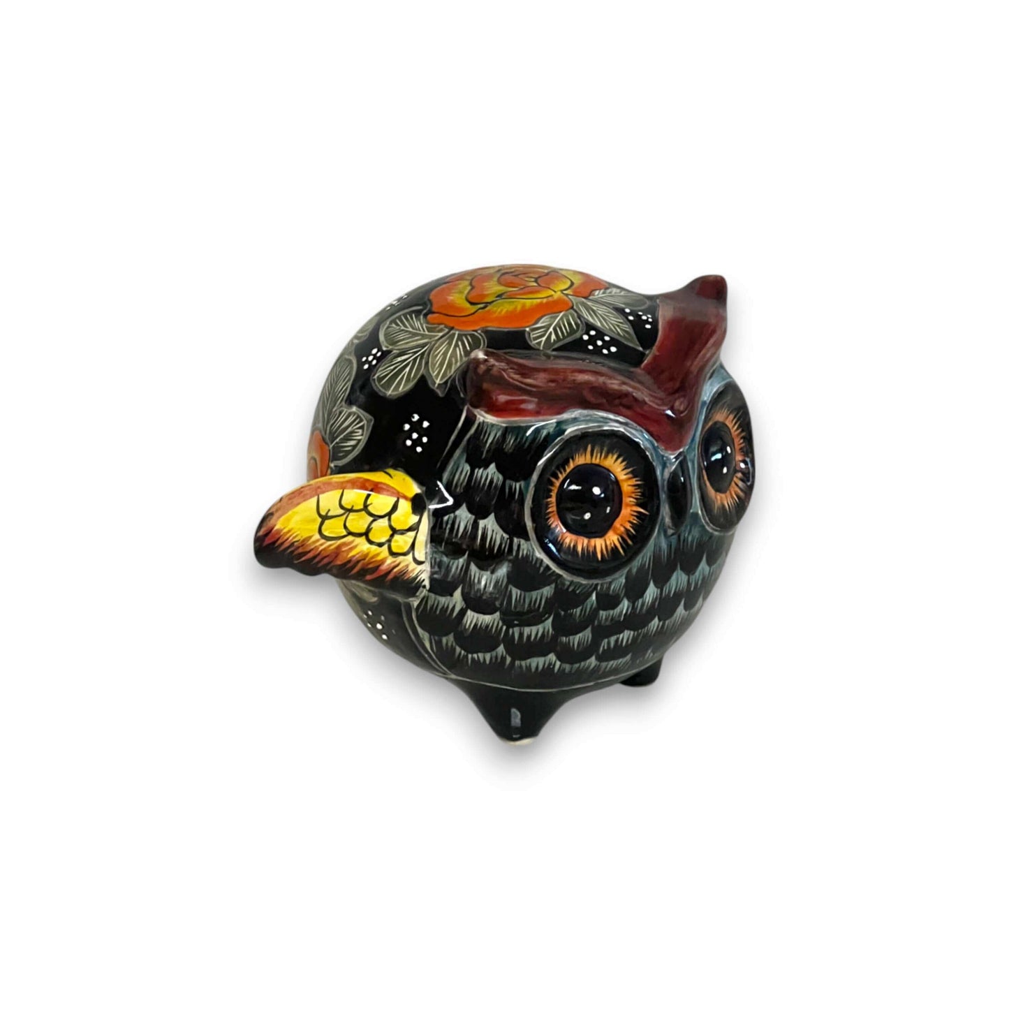 Talavera Owl Statue | Hand-Painted Mexican Ceramic Bird Figurine - small black owl with yellow wings, floral detail, kiln-fired lead-free glaze