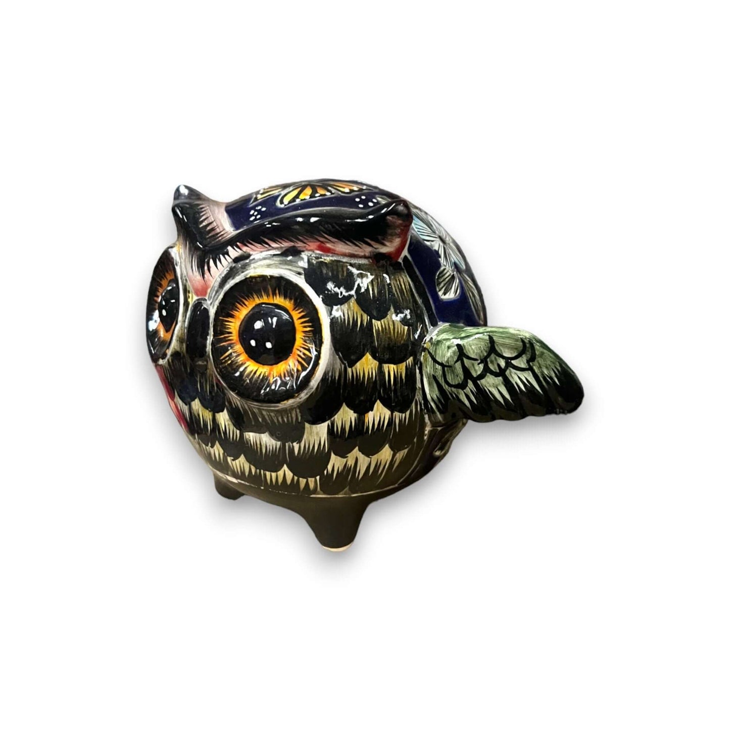 Talavera Owl Statue | Hand-Painted Mexican Ceramic Bird Figurine – small hand-painted black feather owl with yellow wings and floral pattern