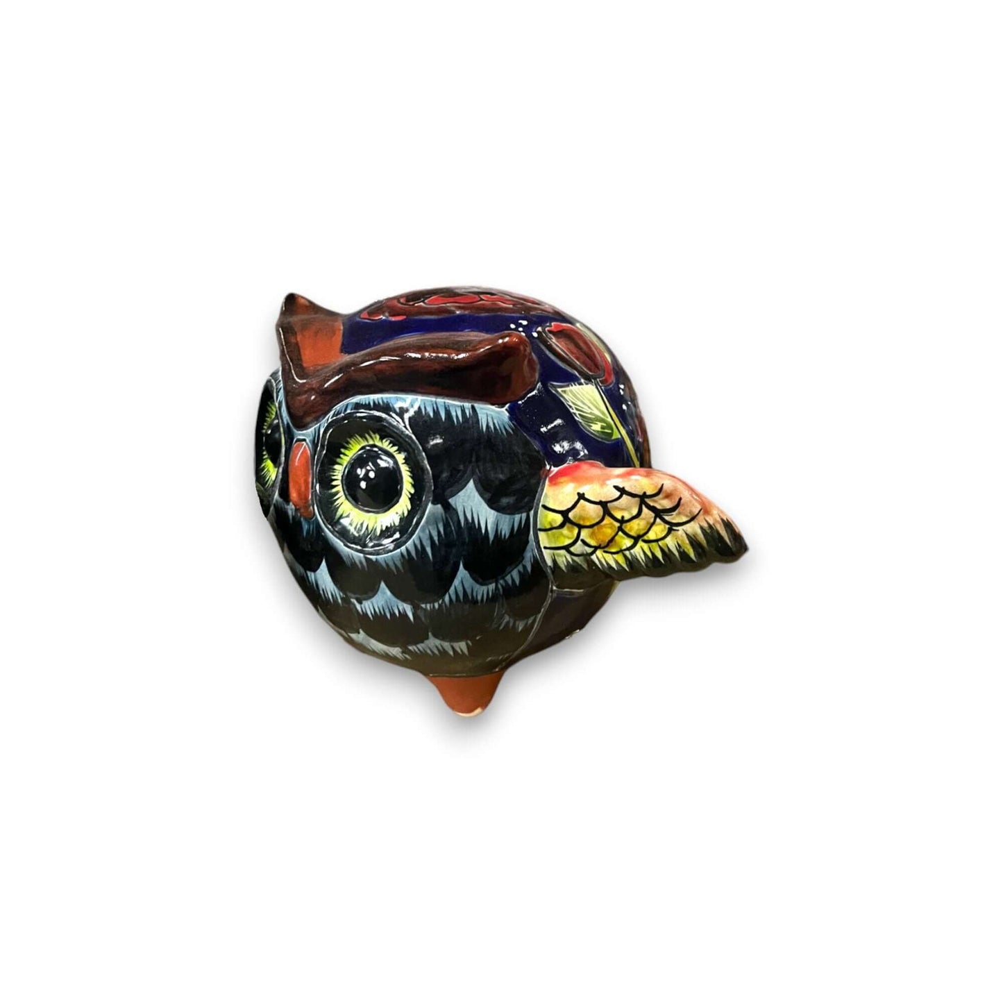 Talavera Owl Statue | Hand-Painted Mexican Ceramic Bird Figurine - small hand-painted black owl with yellow wings and floral Talavera design