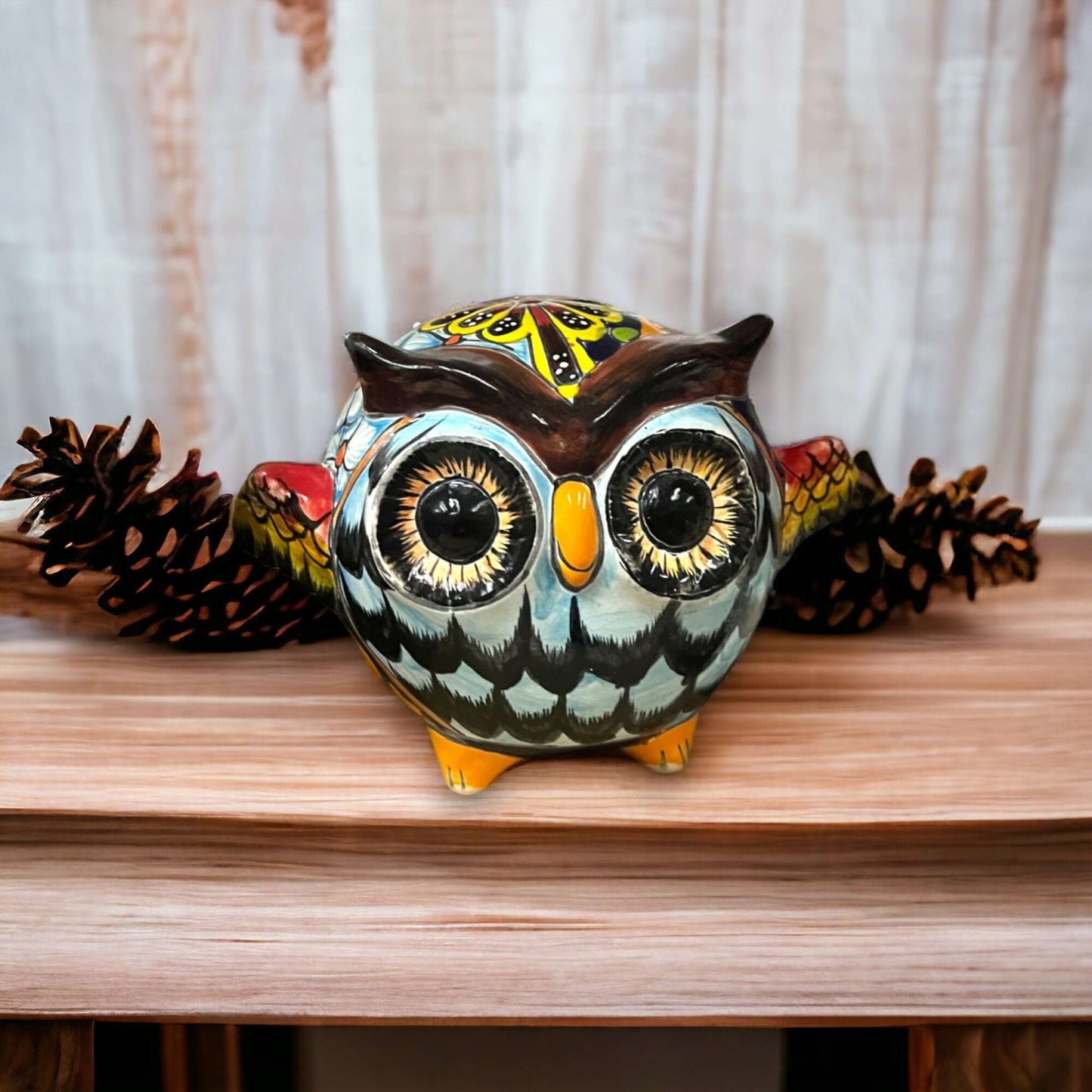 Talavera Owl Statue | Hand-Painted Mexican Ceramic Bird Figurine - small hand-painted owl with yellow wings and floral pattern