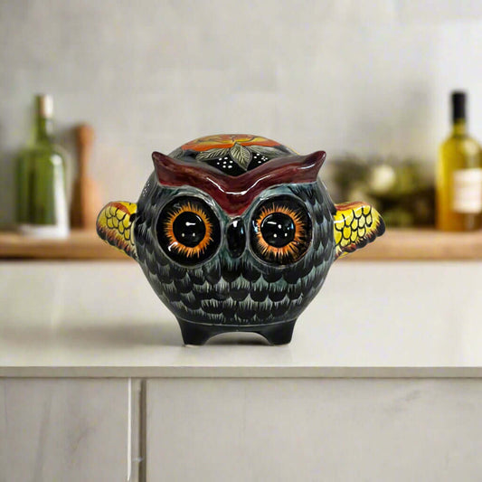 Talavera Owl Statue | Hand-Painted Mexican Ceramic Bird Figurine - small black owl with yellow wings, hand-painted floral details, kiln-fired lead-free glaze
