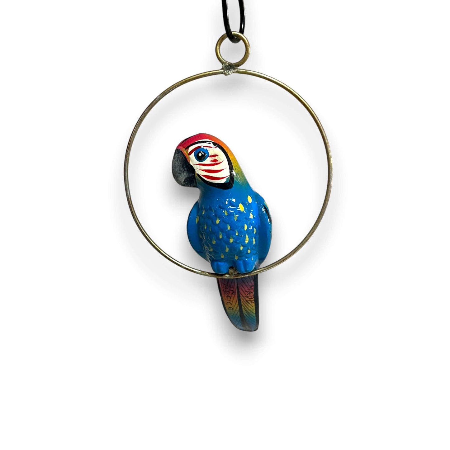 Vibrant Mini Talavera Parrot | Hand-Painted Hanging Accent - hand-painted blue parrot on brass-toned ring, Talavera folk art from Guanajuato, Mexico