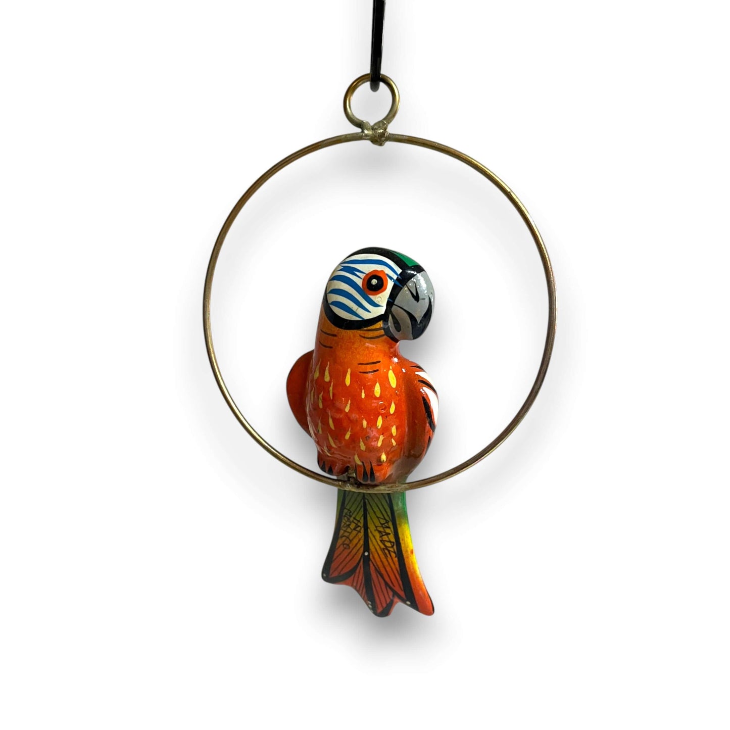 Vibrant Mini Talavera Parrot | Hand-Painted Hanging Accent - hand-painted Talavera parrot in blue, red, yellow perched on brass-toned ring, lead-free glaze
