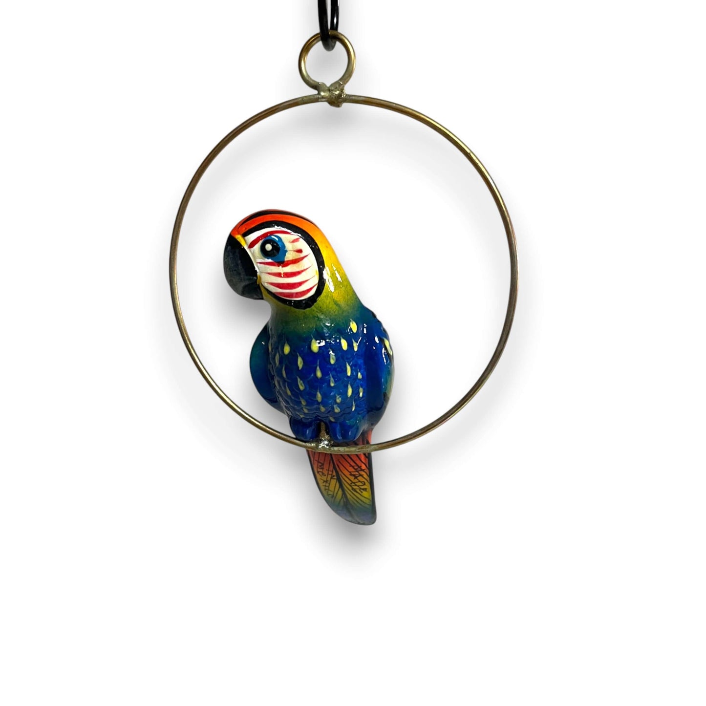 Vibrant Mini Talavera Parrot | Hand-Painted Hanging Accent - hand-painted Talavera parrot on brass-toned ring from Guanajuato artisans