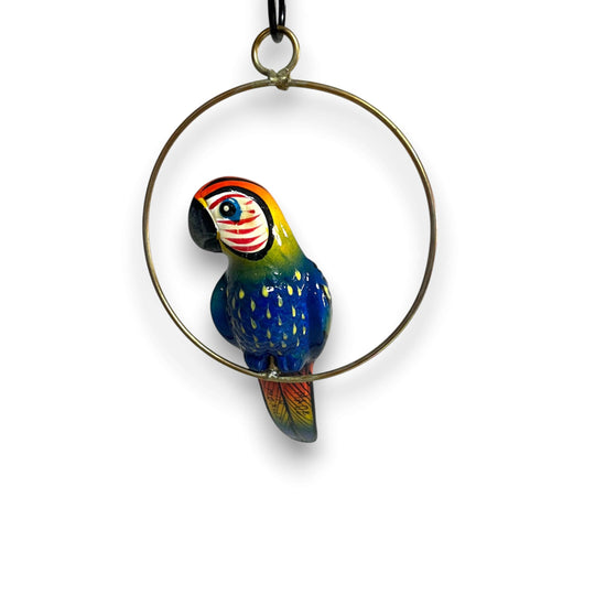 Vibrant Mini Talavera Parrot | Hand-Painted Hanging Accent - hand-painted Talavera parrot on brass-toned ring from Guanajuato artisans