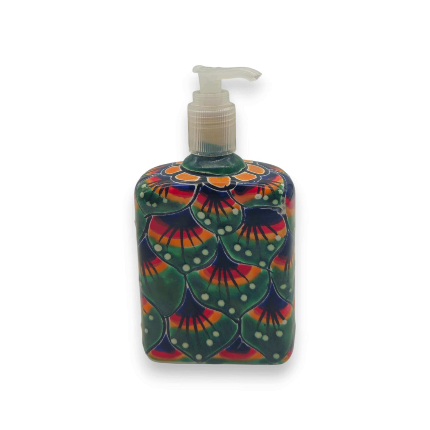 Peacock Feather Talavera Soap Dispenser | Hand-Painted Ceramic hand-painted green peacock feather design ceramic pump, Guanajuato craftsmanship